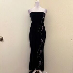 Whimsygoth Fairy Black Velvet Strapless Floral Lilac Vine Embroidered Midi Dress